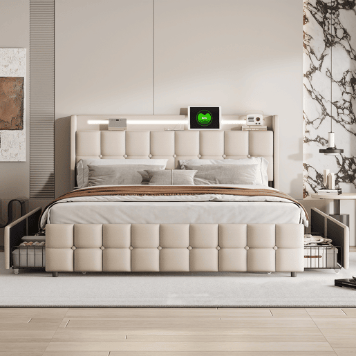 Cama 180x200cm,USB,LED,4 gavetas,cama de casal Cama 180x200cm,USB,LED,4 gavetas,cama de casal