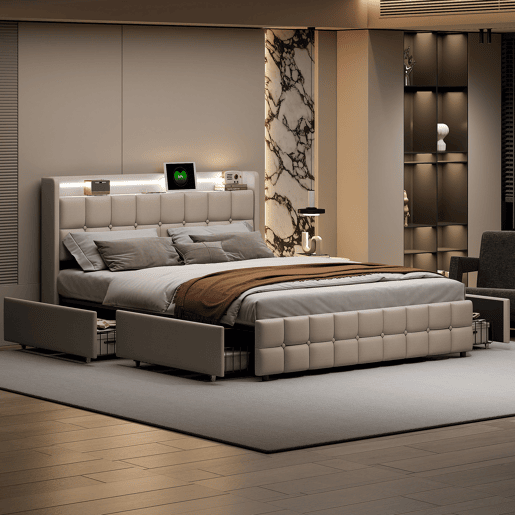 Cama 180x200cm,USB,LED,4 gavetas,cama de casal Cama 180x200cm,USB,LED,4 gavetas,cama de casal