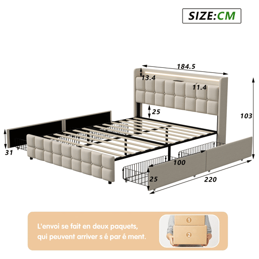 Cama 180x200cm,USB,LED,4 gavetas,cama de casal Cama 180x200cm,USB,LED,4 gavetas,cama de casal