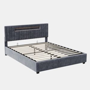 Cama 140x200cm, LED, cama de casal, cama jovem, cama funcional, cama de molas hidráulica