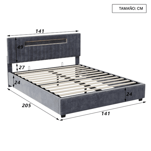 Cama 140x200cm, LED, cama de casal, cama jovem, cama funcional, cama de molas hidráulica