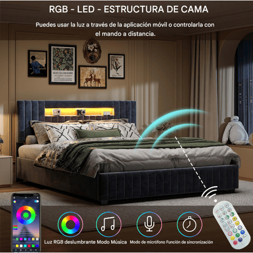 Cama 140x200cm, LED, cama de casal, cama jovem, cama funcional, cama de molas hidráulica