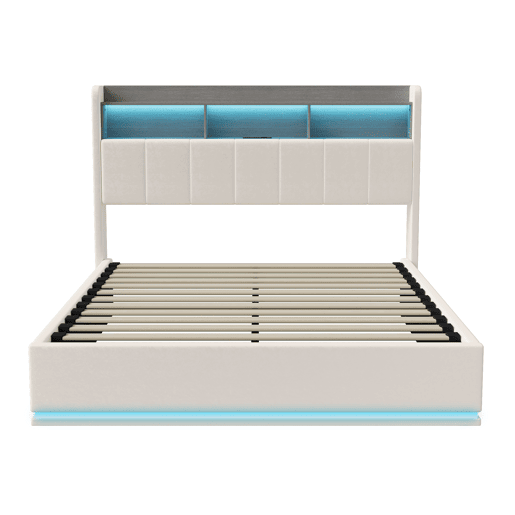 Cama 140x200cm, LED, USB, cama hidráulica, estrutura de cama juvenil, cama de arrumação, bege Cama 140x200cm, LED, USB, cama hidráulica, estrutura de cama juvenil, cama de arrumação, bege