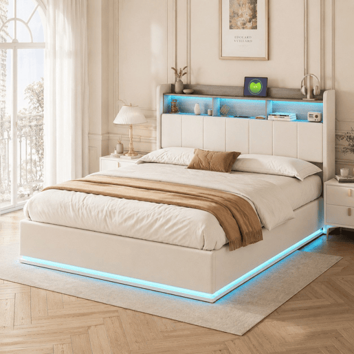 Cama 140x200cm, LED, USB, cama hidráulica, estrutura de cama juvenil, cama de arrumação, bege Cama 140x200cm, LED, USB, cama hidráulica, estrutura de cama juvenil, cama de arrumação, bege