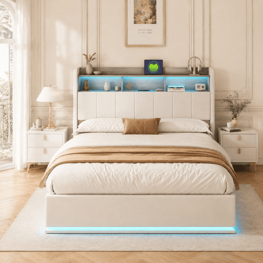 Cama 140x200cm, LED, USB, cama hidráulica, estrutura de cama juvenil, cama de arrumação, bege Cama 140x200cm, LED, USB, cama hidráulica, estrutura de cama juvenil, cama de arrumação, bege