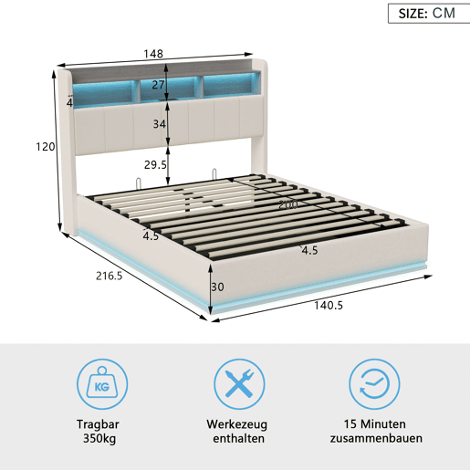 Cama 140x200cm, LED, USB, cama hidráulica, estrutura de cama juvenil, cama de arrumação, bege Cama 140x200cm, LED, USB, cama hidráulica, estrutura de cama juvenil, cama de arrumação, bege