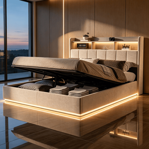 Cama 140x200cm, LED, USB, cama hidráulica, estrutura de cama juvenil, cama de arrumação, bege Cama 140x200cm, LED, USB, cama hidráulica, estrutura de cama juvenil, cama de arrumação, bege