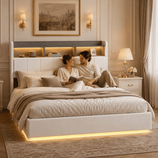 Cama 140x200cm, LED, USB, cama hidráulica, estrutura de cama juvenil, cama de arrumação, bege Cama 140x200cm, LED, USB, cama hidráulica, estrutura de cama juvenil, cama de arrumação, bege
