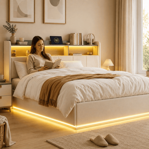 Cama 140x200cm, LED, USB, cama hidráulica, estrutura de cama juvenil, cama de arrumação, bege Cama 140x200cm, LED, USB, cama hidráulica, estrutura de cama juvenil, cama de arrumação, bege