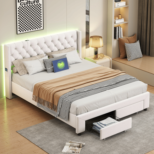 Cama 140x200 cm, espaço de arrumação, cama de casal, LED, gaveta, USB, bege