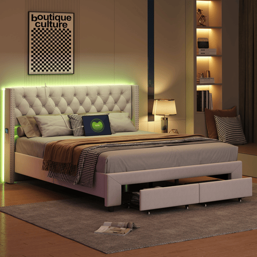Cama 140x200 cm, espaço de arrumação, cama de casal, LED, gaveta, USB, bege