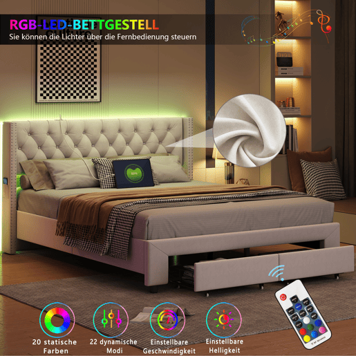 Cama 140x200 cm, espaço de arrumação, cama de casal, LED, gaveta, USB, bege