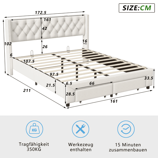 Cama 140x200 cm, espaço de arrumação, cama de casal, LED, gaveta, USB, bege