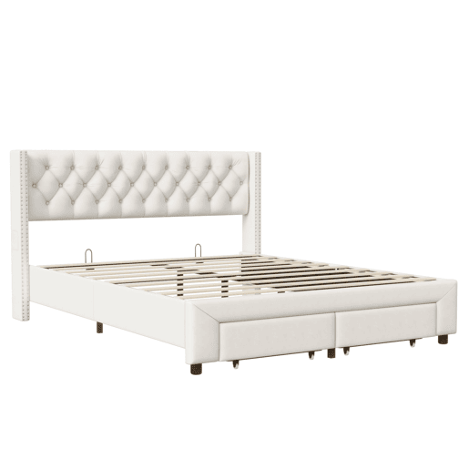 Cama 140x200 cm, espaço de arrumação, cama de casal, LED, gaveta, USB, bege