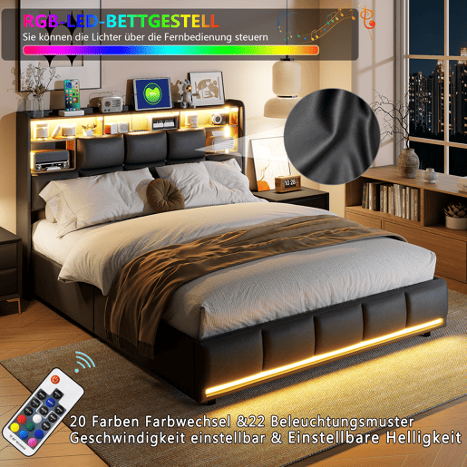Cama 160x200cm, USB, Cama jovem, Cama de casal, LED, PU Cama 160x200cm, USB, Cama jovem, Cama de casal, LED, PU