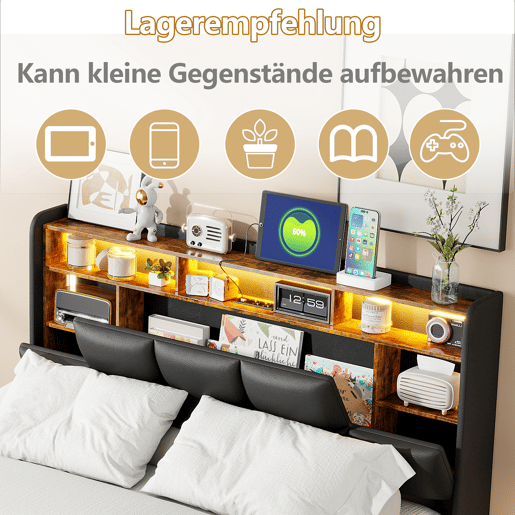 Cama 160x200cm, USB, Cama jovem, Cama de casal, LED, PU Cama 160x200cm, USB, Cama jovem, Cama de casal, LED, PU