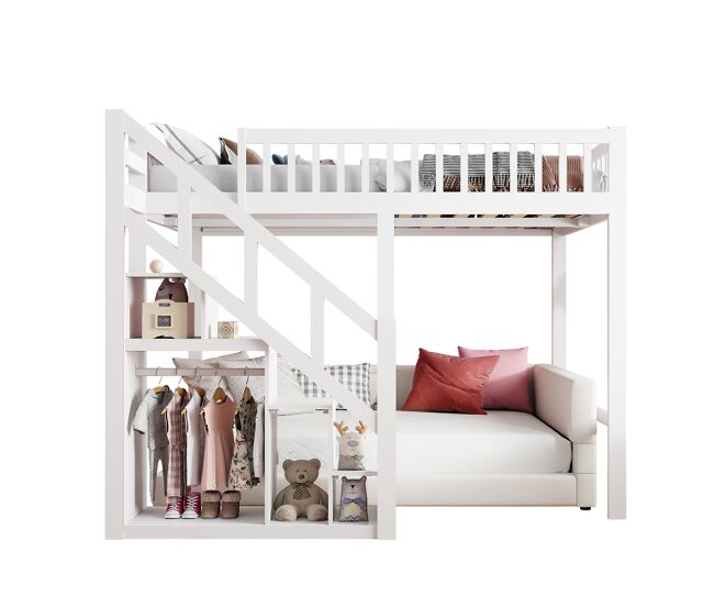 Cama 90x200cm, escalera, cama infantil, escalera, madera maciza, litera, color blanco