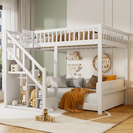 Cama 90x200cm, escada, cama de criança, escada, madeira maciça, beliche, cor branca