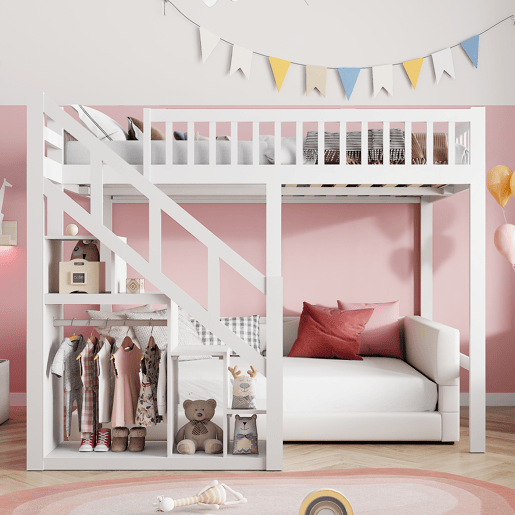 Cama 90x200cm, escada, cama de criança, escada, madeira maciça, beliche, cor branca