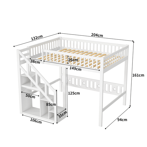 Cama 90x200cm, escada, cama de criança, escada, madeira maciça, beliche, cor branca