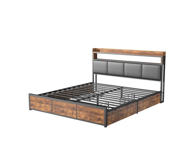 Cama 180x200cm, cama de metal, 4 cajones, led, cama juvenil, soporte de almacenaje, estructura de cama doble, cama con canapé