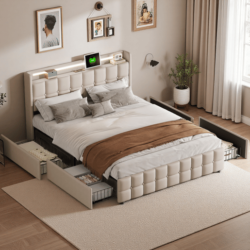Cama 160x200cm,USB,LED,4 gavetas,cama de casal