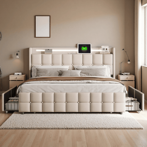 Cama 160x200cm,USB,LED,4 gavetas,cama de casal