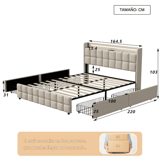 Cama 160x200cm,USB,LED,4 gavetas,cama de casal
