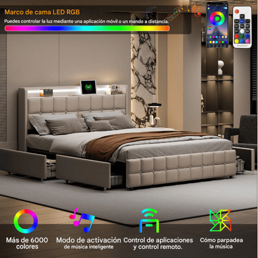 Cama 160x200cm,USB,LED,4 gavetas,cama de casal