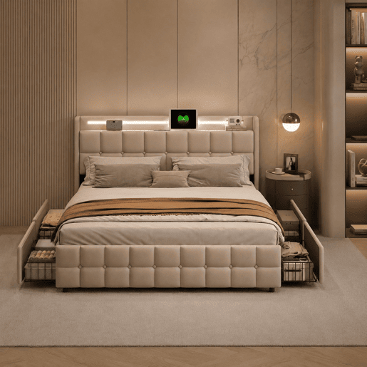 Cama 160x200cm,USB,LED,4 gavetas,cama de casal