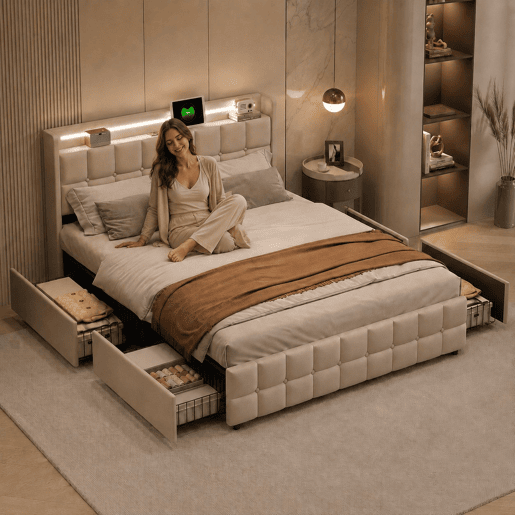Cama 160x200cm,USB,LED,4 gavetas,cama de casal