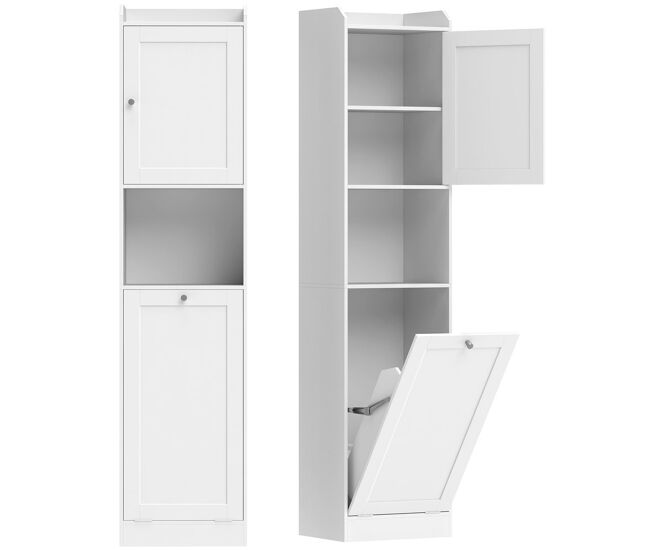 Homcom armario alto de baño con cesto ropa sucia, mueble de baño estrecho con compartimentos abiertos y estantes ajustables, para espacios pequeños,