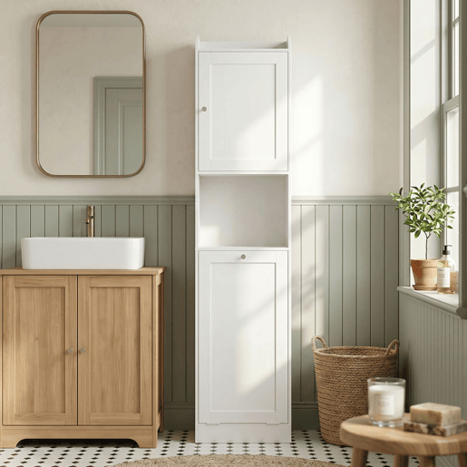 HOMCOM Armário Alto para Casa de Banho com Cesto para Roupa Suja, Móvel Estreito com Compartimentos Abertos e Prateleiras Ajustáveis para Espaços Pequenos, 40x30x170 cm, Branco