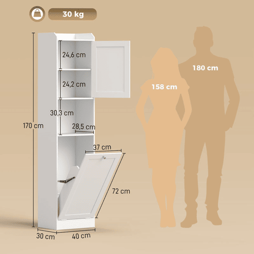 HOMCOM Armário Alto para Casa de Banho com Cesto para Roupa Suja, Móvel Estreito com Compartimentos Abertos e Prateleiras Ajustáveis para Espaços Pequenos, 40x30x170 cm, Branco