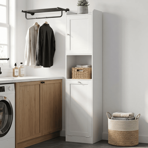 HOMCOM Armário Alto para Casa de Banho com Cesto para Roupa Suja, Móvel Estreito com Compartimentos Abertos e Prateleiras Ajustáveis para Espaços Pequenos, 40x30x170 cm, Branco