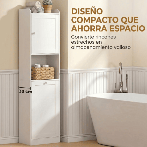 HOMCOM Armário Alto para Casa de Banho com Cesto para Roupa Suja, Móvel Estreito com Compartimentos Abertos e Prateleiras Ajustáveis para Espaços Pequenos, 40x30x170 cm, Branco