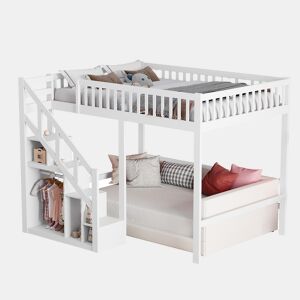 Cama 140x200cm, cama de criança, cama alta, escadas, espaço de arrumação, cama de casal, beliche, branco