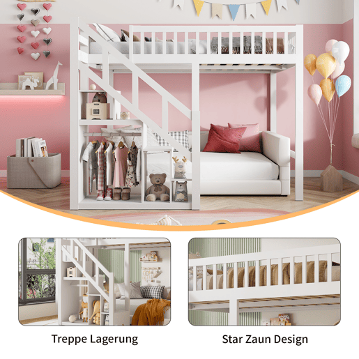 Cama 140x200cm, cama de criança, cama alta, escadas, espaço de arrumação, cama de casal, beliche, branco