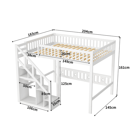 Cama 140x200cm, cama de criança, cama alta, escadas, espaço de arrumação, cama de casal, beliche, branco