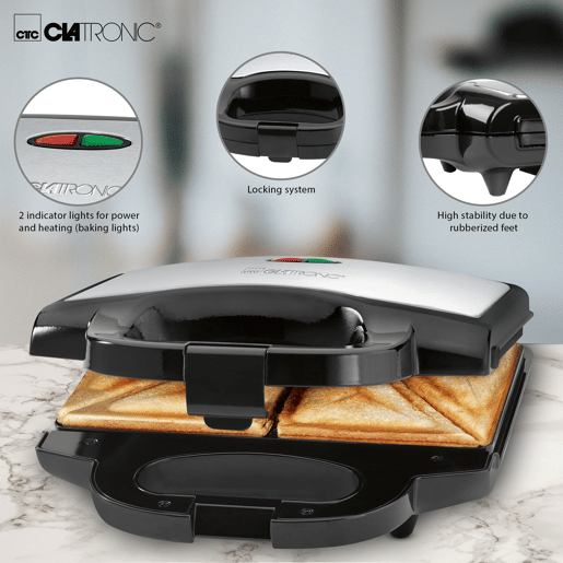 Clatronic ST 3628 Sanduicheira, 2 sanduíches, placas antiaderentes, tostagem perfeita, aço inoxidável, 750, Preto  cinza