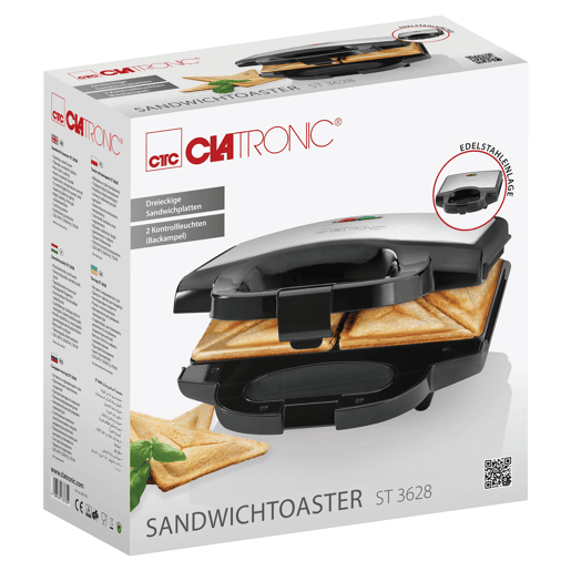 Clatronic ST 3628 Sanduicheira, 2 sanduíches, placas antiaderentes, tostagem perfeita, aço inoxidável, 750, Preto  cinza