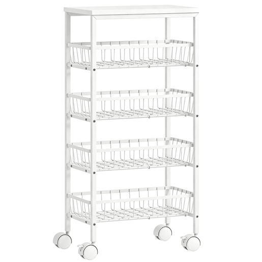 HOMCOM Carrinho Auxiliar com Rodas, Carrinho de Cozinha com 4 Cestos Amovíveis, Carga até 15 kg, Estrutura Metálica, para Sala de Jantar, Sala de Estar e Casa de Banho, 40x24x82 cm, Branco