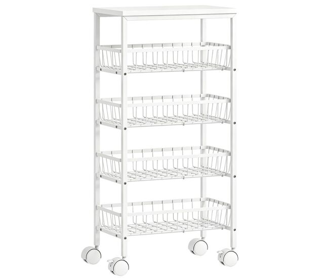 Homcom carrito auxiliar con ruedas, carrito de cocina con 4 cestas extraíbles, carga 15 kg, marco metálico, para comedor, sala de estar, baño, 40x24x82 cm, blanco