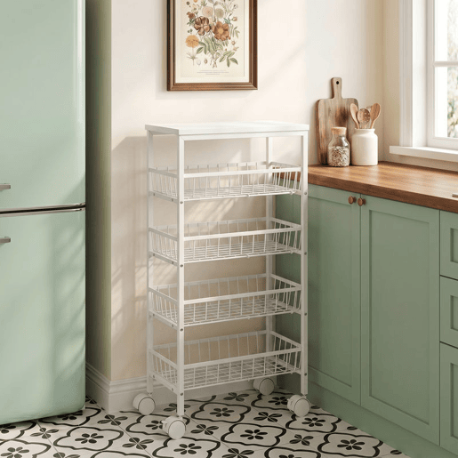 HOMCOM Carrinho Auxiliar com Rodas, Carrinho de Cozinha com 4 Cestos Amovíveis, Carga até 15 kg, Estrutura Metálica, para Sala de Jantar, Sala de Estar e Casa de Banho, 40x24x82 cm, Branco
