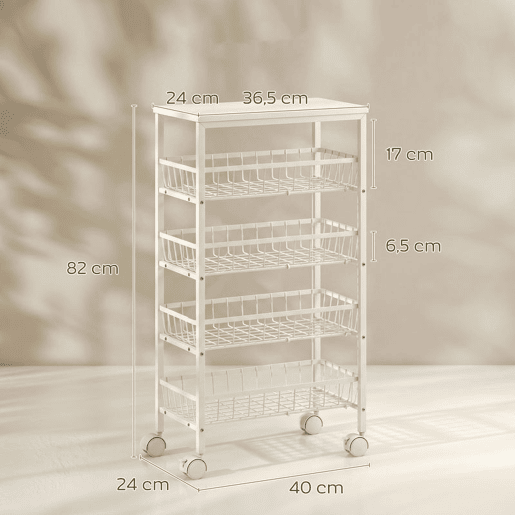 HOMCOM Carrinho Auxiliar com Rodas, Carrinho de Cozinha com 4 Cestos Amovíveis, Carga até 15 kg, Estrutura Metálica, para Sala de Jantar, Sala de Estar e Casa de Banho, 40x24x82 cm, Branco