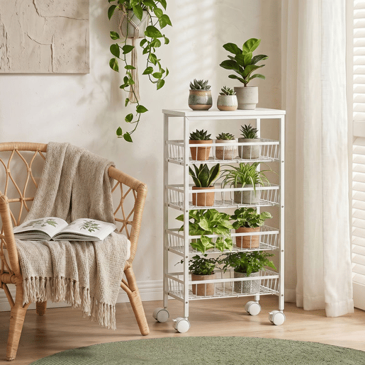 HOMCOM Carrinho Auxiliar com Rodas, Carrinho de Cozinha com 4 Cestos Amovíveis, Carga até 15 kg, Estrutura Metálica, para Sala de Jantar, Sala de Estar e Casa de Banho, 40x24x82 cm, Branco