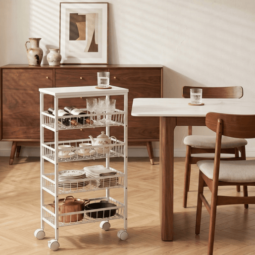HOMCOM Carrinho Auxiliar com Rodas, Carrinho de Cozinha com 4 Cestos Amovíveis, Carga até 15 kg, Estrutura Metálica, para Sala de Jantar, Sala de Estar e Casa de Banho, 40x24x82 cm, Branco