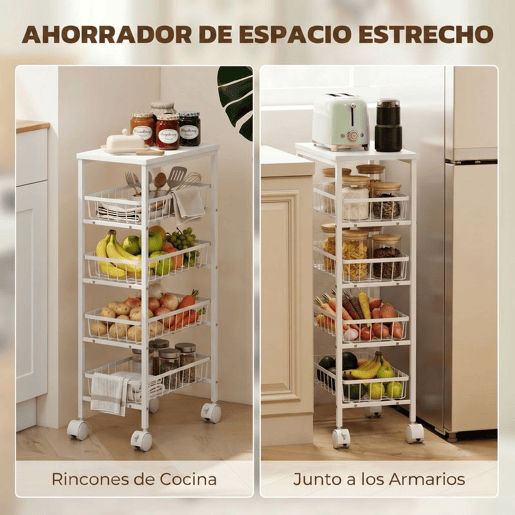 HOMCOM Carrinho Auxiliar com Rodas, Carrinho de Cozinha com 4 Cestos Amovíveis, Carga até 15 kg, Estrutura Metálica, para Sala de Jantar, Sala de Estar e Casa de Banho, 40x24x82 cm, Branco
