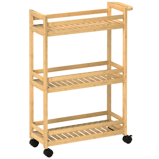HOMCOM Carrinho Auxiliar com Rodas em Bambu, Carrinho de Cozinha Estreito de 3 Níveis com Pega, para Sala, Casa de Banho, Espaços Pequenos, 55x20x75 cm, Natural HOMCOM Carrinho Auxiliar com Rodas em Bambu, Carrinho de Cozinha Estreito de 3 Níveis com Pega, para Sala, Casa de Banho, Espaços Pequenos, 55x20x75 cm, Natural