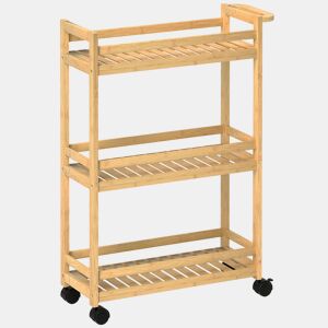 HOMCOM Carrinho Auxiliar com Rodas em Bambu, Carrinho de Cozinha Estreito de 3 Níveis com Pega, para Sala, Casa de Banho, Espaços Pequenos, 55x20x75 cm, Natural